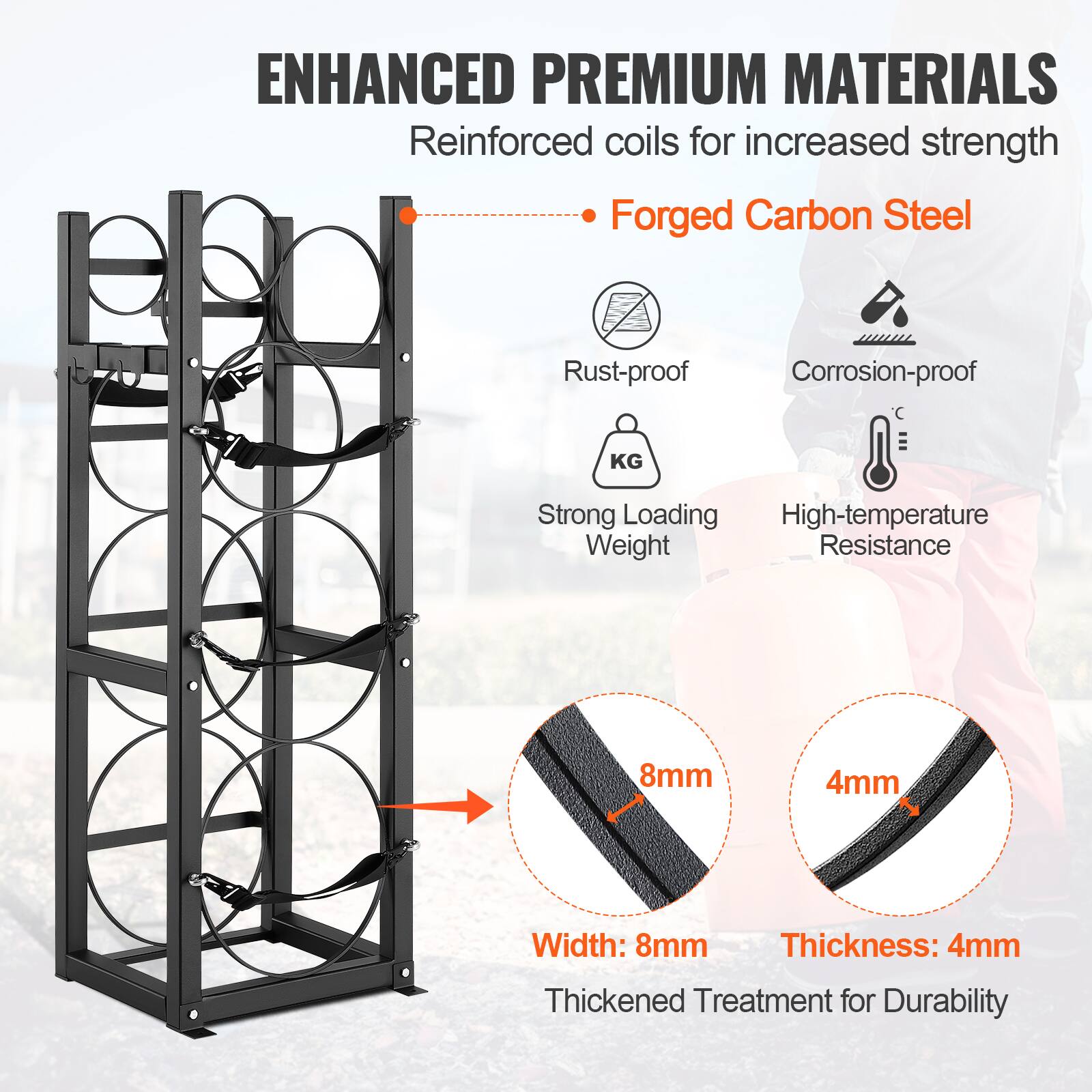 ENHANCED PREMIUM MATERIALS  
Reinforced coils for increased strength  
Forged Carbon Steel  
Rust-proof  
Corrosion-proof  
Strong Loading Weight  
High-temperature Resistance  
Width: 8mm  
Thickness: 4mm  
Thickened Treatment for Durability