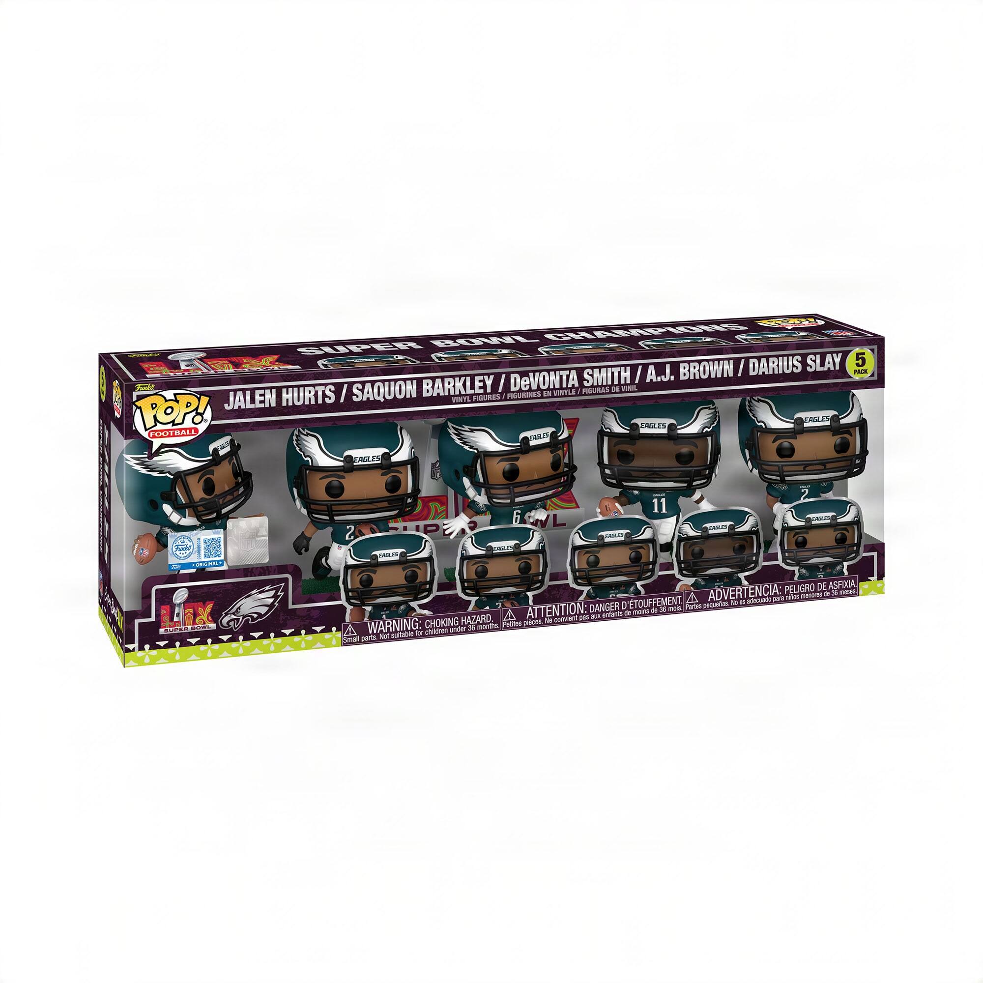 Sure, here is the corrected and grouped text from the image:

---

**Top Left Corner:**
- POP! FOOTBALL

**Top Center:**
- SUPER BOWL CHAMPIONS

**Top Right Corner:**
- 5 PACK

**Main Text:**
- JALEN HURTS / SAQUON BARKLEY / DEVONTA SMITH / A.J. BROWN / DARIUS SLAY

**Bottom Left Corner:**
- WARNING: CHOKING HAZARD - Small parts. Not for children under 3 years.

**Bottom Center:**
- ATTENTION: DANGER D'ÉTOUFFEMENT - ATTENTION: PEUGRO DE ASFIXIA

**Bottom Right Corner:**
- WARNING: CHOKING HAZARD - Small parts. Not for children under 3 years.

**Eagles Logo:**
- EAGLES

**Bottom Left Side:**
- POP! FOOTBALL

**Bottom Right Side:**
- POP! FOOTBALL

**Bottom Center:**
- WARNING: CHOKING HAZARD - Small parts. Not for children under 3 years.

---