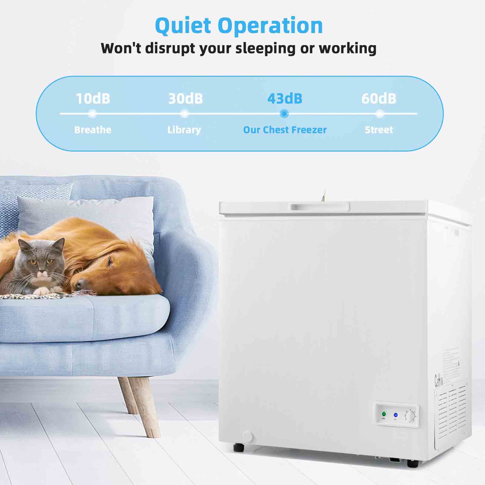 Quiet Operation  
Won't disrupt your sleeping or working  

10dB  
Breathe  

30dB  
Library  

43dB  
Our Chest Freezer  

60dB  
Street