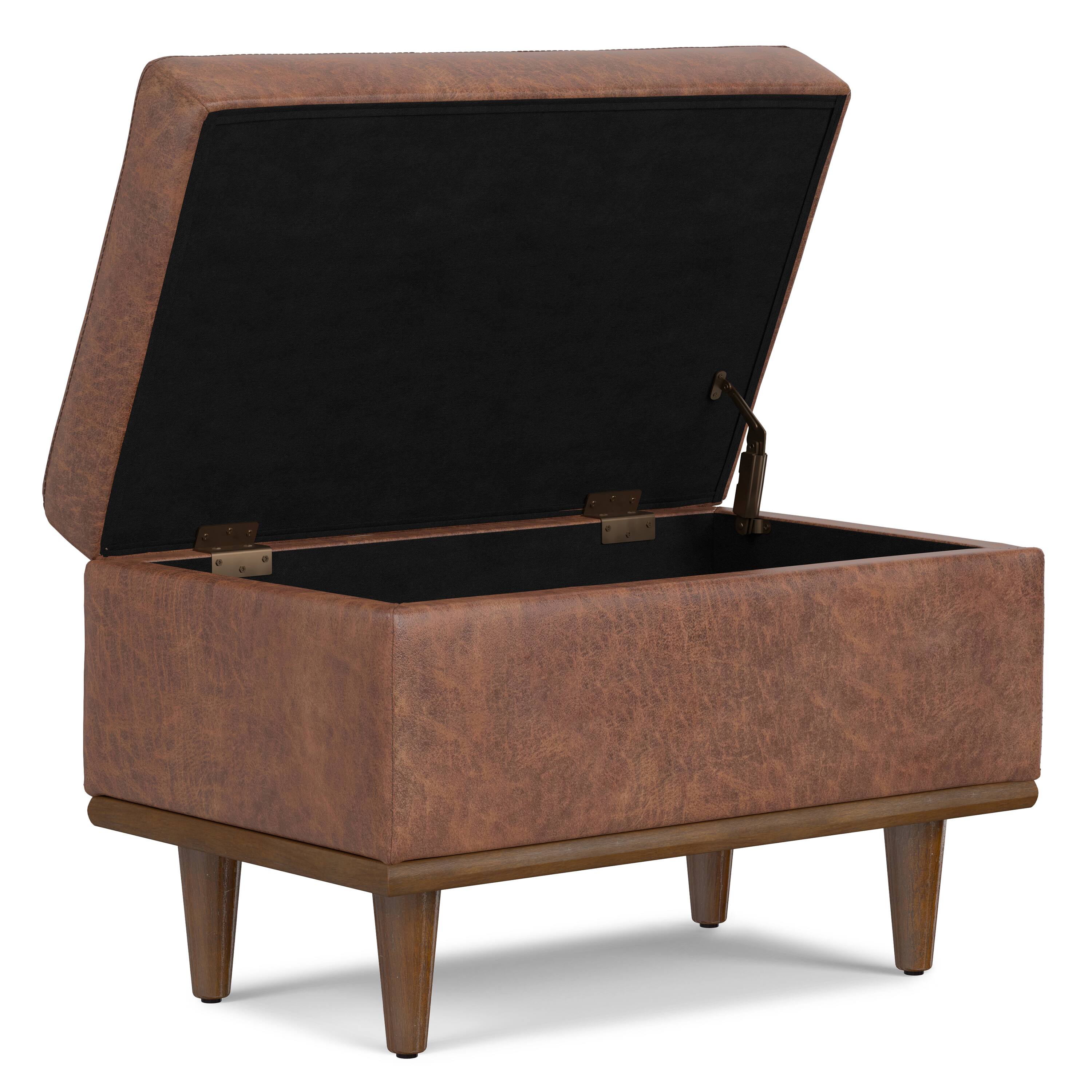 Back. Simpli Home - Shiloh 26 inch Transitional Contemporary Small Storage Ottoman in Distressed Saddle Brown Vegan Faux Leather, Assembled - Distressed Saddle Brown.