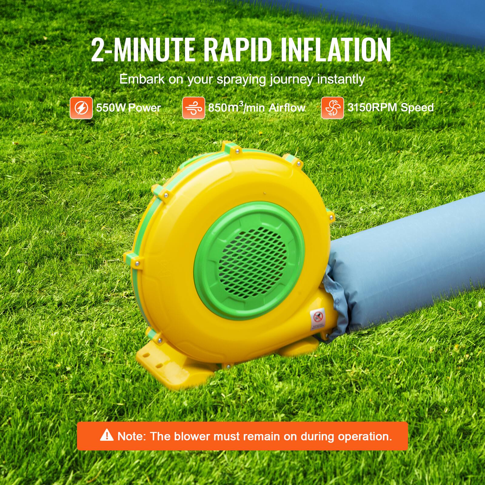 2-MINUTE RAPID INFLATION  
Embark on your spraying journey instantly  

550W Power  
850m³/min Airflow  
3150RPM Speed  

A Note: The blower must remain on during operation.