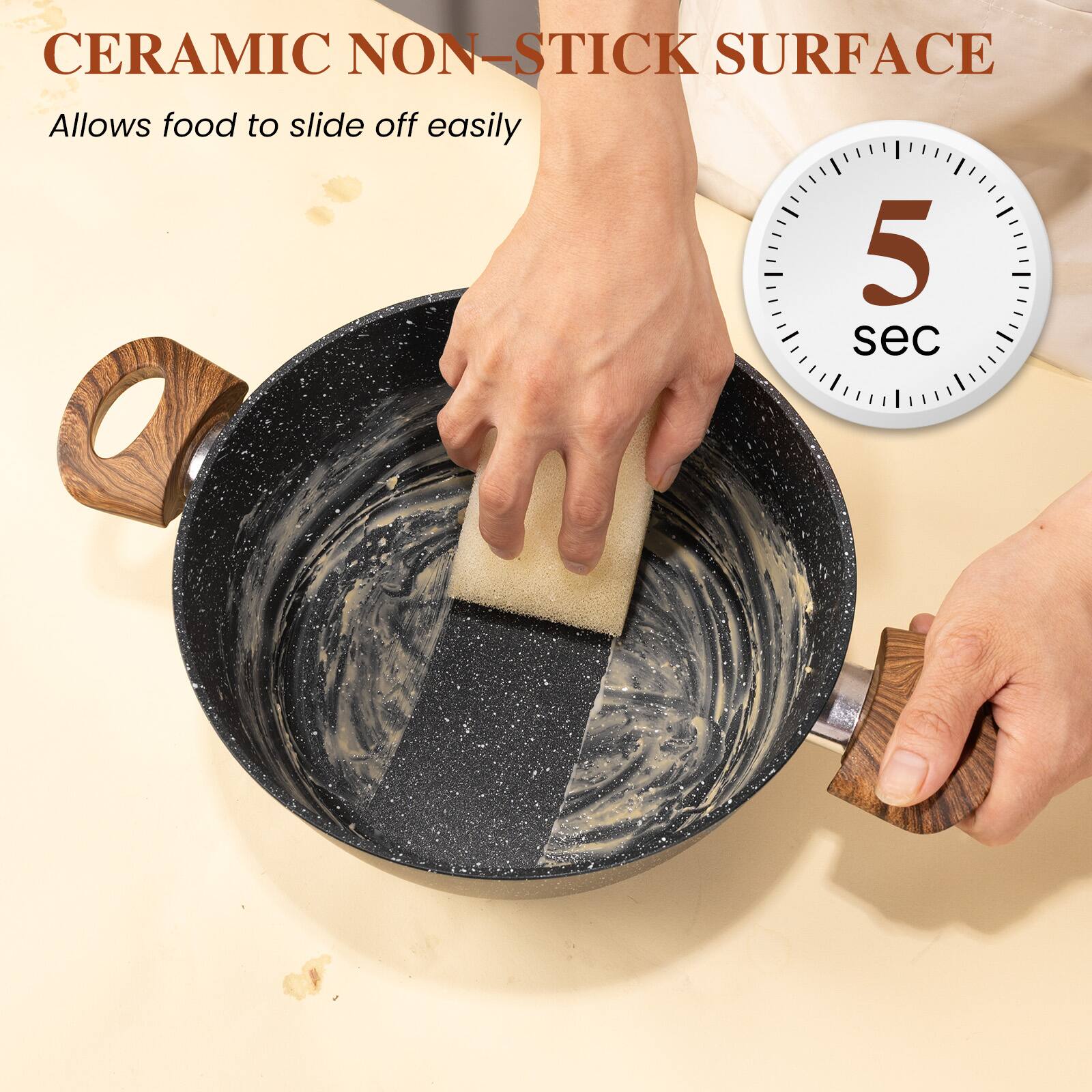 CERAMIC NON-STICK SURFACE  
Allows food to slide off easily  
5 sec