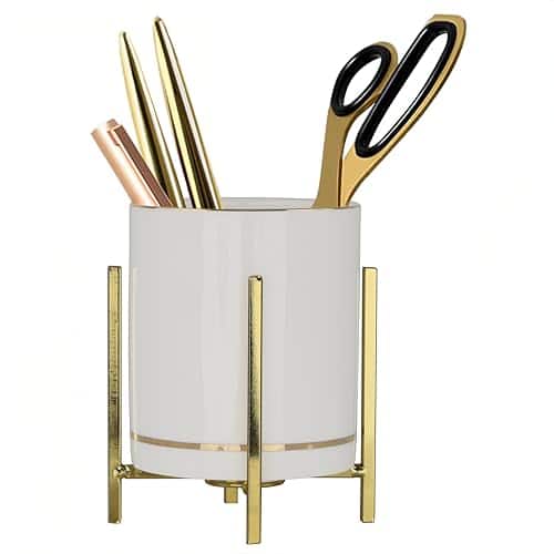 Vulpecula Spade - Gold Pen Holder for Desk Aesthetic, Ceramic Pencil Cup with Metal Legs, Makeup Cup for Brushes, Desk Decor for Women