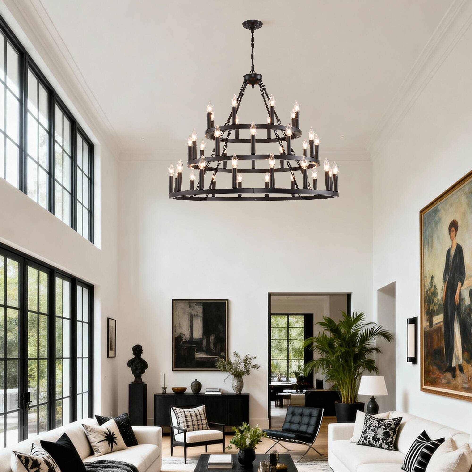 Alt View 3. Boyel Living - 39.37 Inch 3 Tiers Wagon Wheel Chandelier Farmhouse 36 Light 8 12 16 Black Metal Chandeliers.