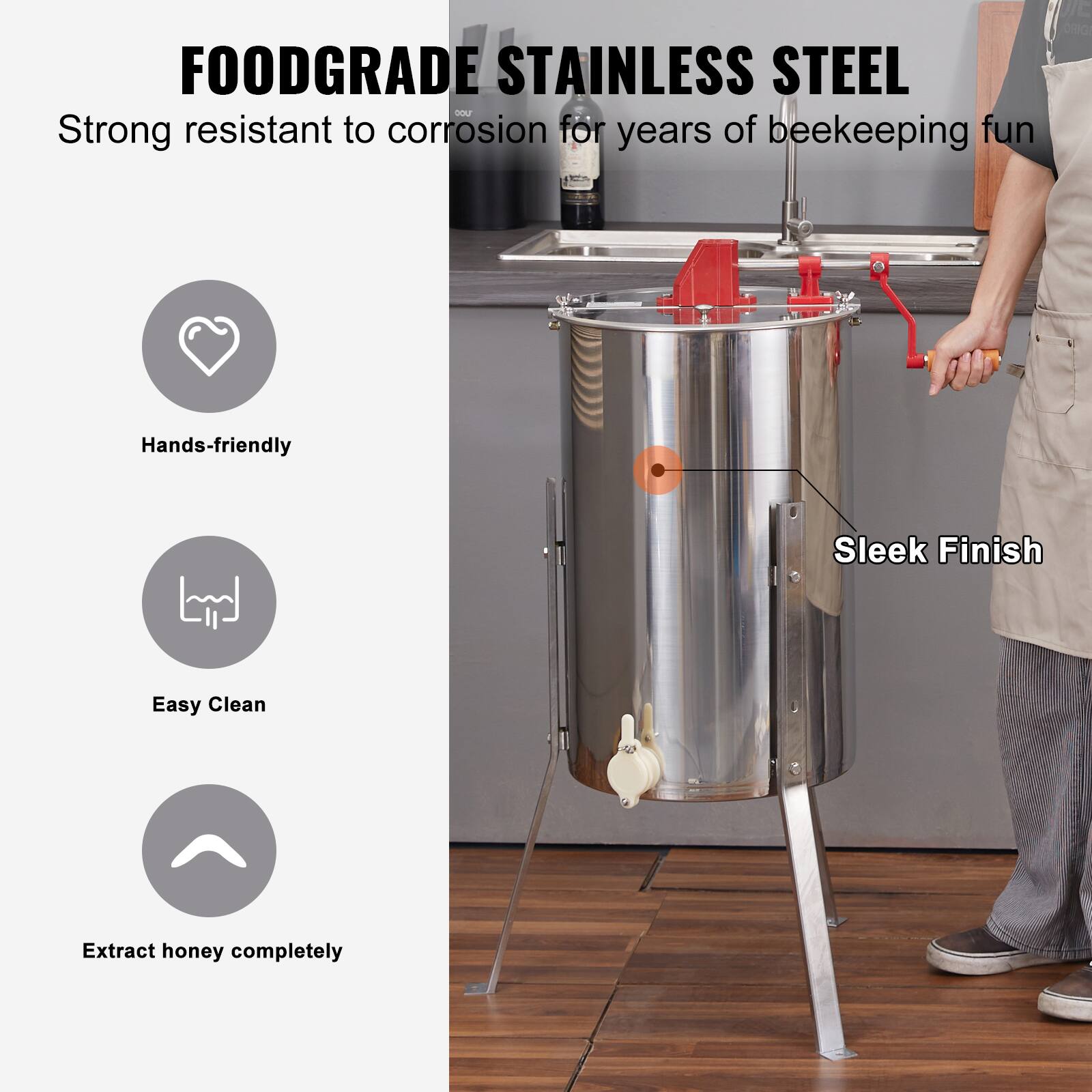 FOODGRADE STAINLESS STEEL  
Strong resistant to corrosion for years of beekeeping fun  

- Hands-friendly  
- Easy Clean  
- Extract honey completely  

Sleek Finish