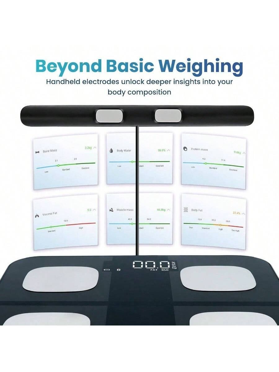 Beyond Basic Weighing  
Handheld electrodes unlock deeper insights into your body composition  

- Bone Mass: 3.2kg  
- Body Water: 56.9%  
- Protein mass: 9.6kg  
- Visceral Fat: 5.0  
- Muscle mass: 43.5kg  
- Body Fat: 22.4%  

Bone Mass: 3.2kg (Standard)  
Body Water: 56.9% (Excellent)  
Protein mass: 9.6kg (Standard)  
Visceral Fat: 5.0 (High)  
Muscle mass: 43.5kg (Standard)  
Body Fat: 22.4% (High)