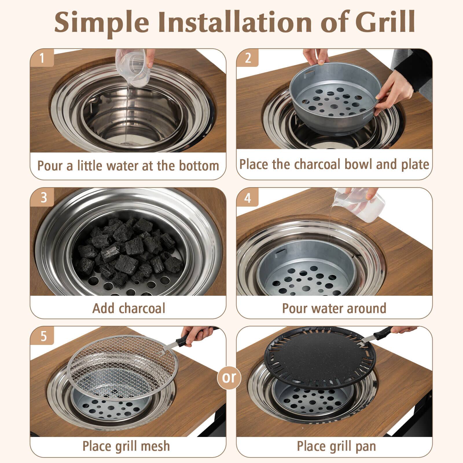 Simple Installation of Grill

1. Pour a little water at the bottom
2. Place the charcoal bowl and plate
3. Add charcoal
4. Pour water around
5. Place grill mesh or Place grill pan