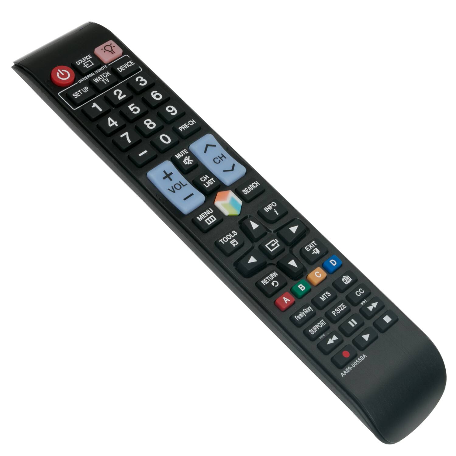 SOURCE REMOTE DEVICE UNIVERSAL WATCH TV SET UP 1 2 3 4 5 6 7 8 9 0 PRE-CH MUTE CH + VOL - CH LIST SEARCH INFO MENU TOOLS EXIT RETURN C G 58 B MTS CC A P FAMILY STORY SIZE SUPPORT I 1 AA59-00559A