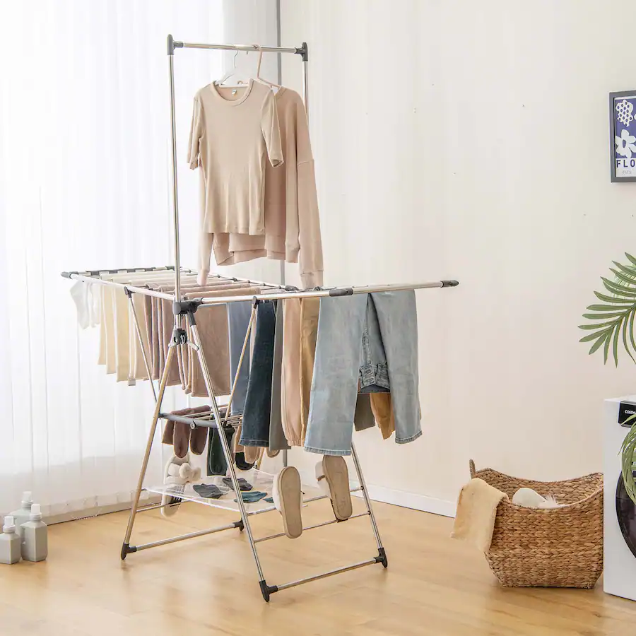Costway 2 Layer Stainless Steel Foldable Drying Rack w/ Hanging Bar & 2 ...