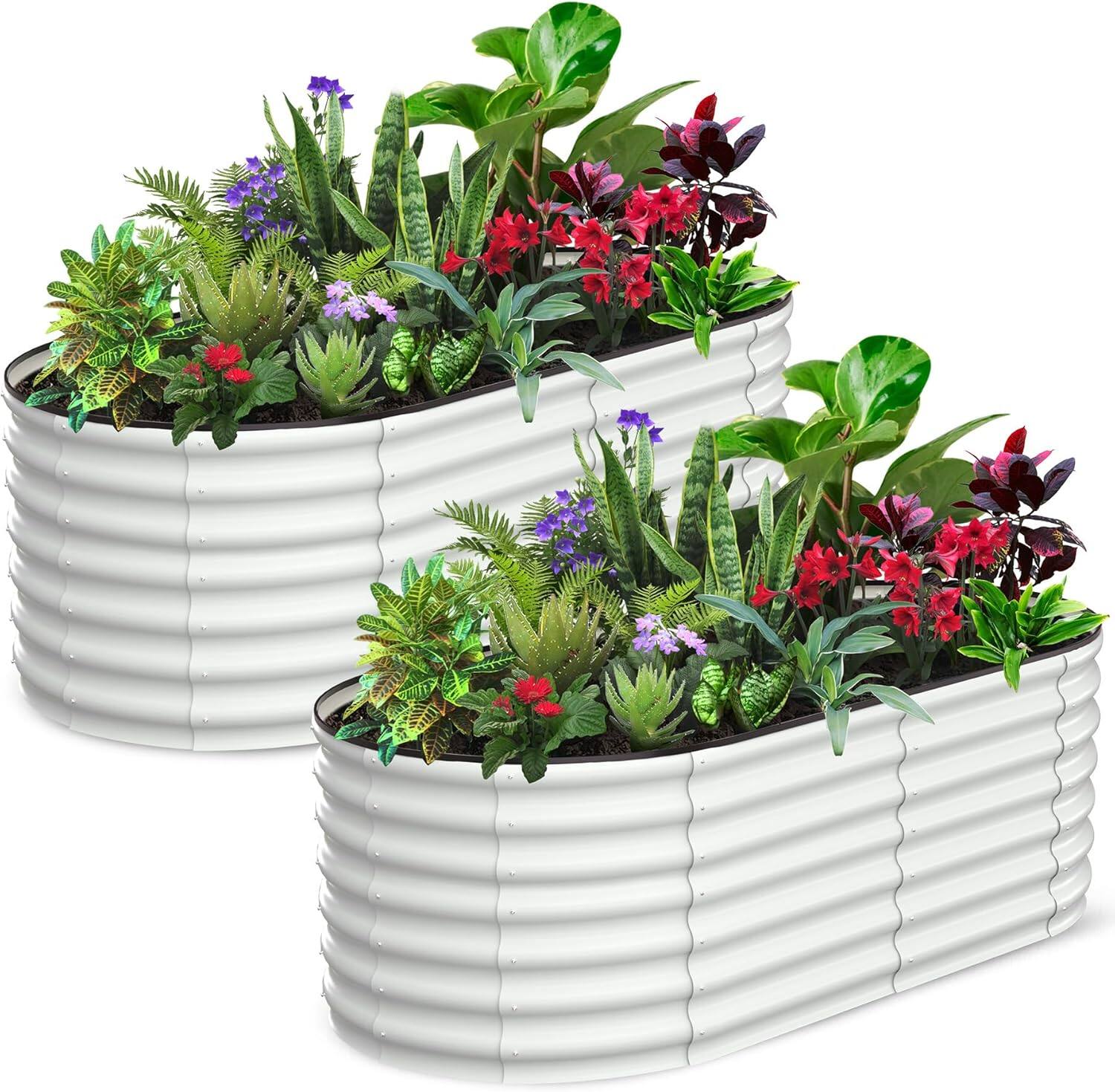 Front. Acekool - 2-Pack 6x3x2ft White Oval Galvanized Raised Garden Beds, Heavy Duty, Rust Resistant, Tool-Free Assembly - White.