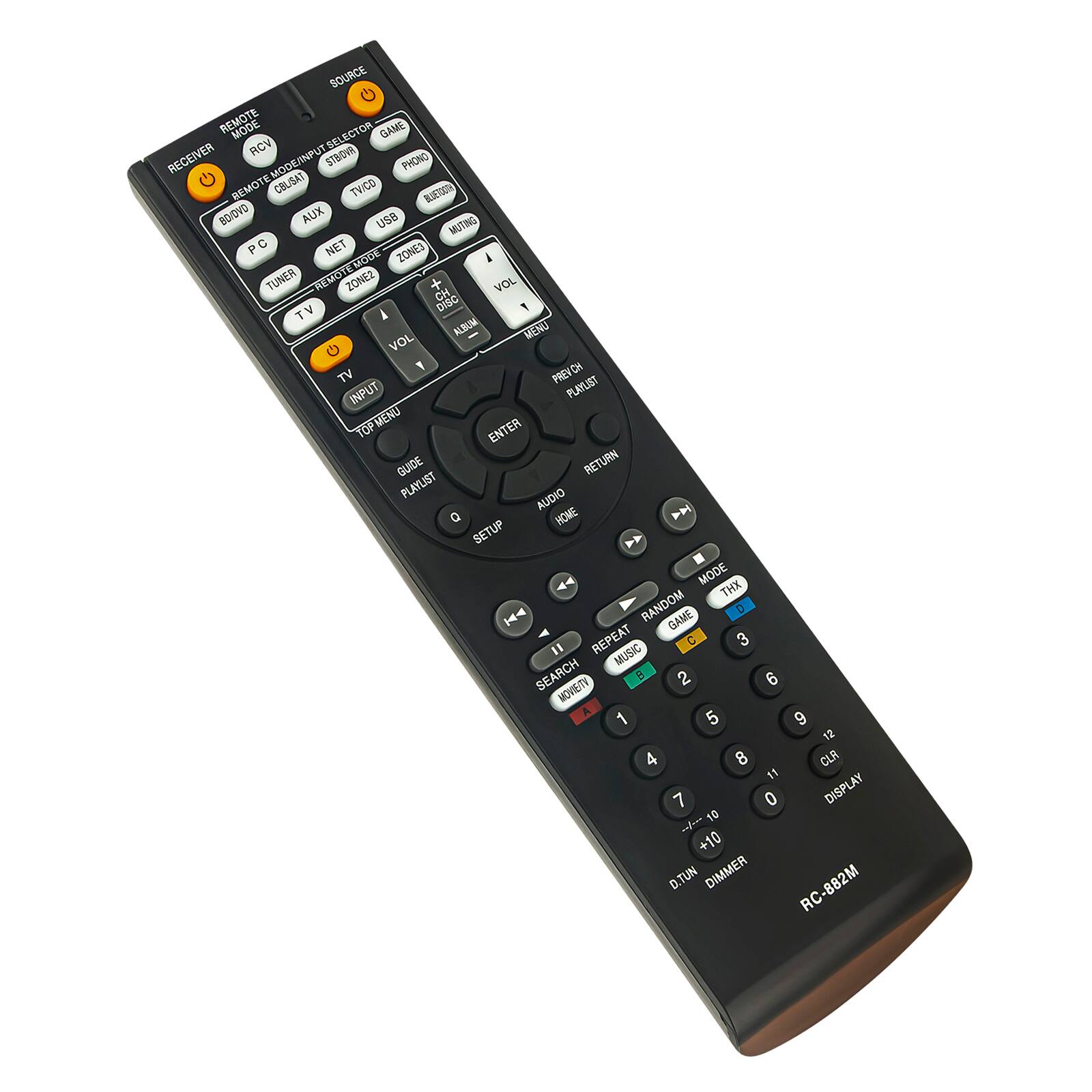 SOURCE REMOTE ECTOR GAME RCV SEL RECEIVER MODE/INPUT STBOVA PHONO TV/CD BLUETOOTH BD/DVD AUX USB MUTING PC NET MODE ZONE3 TUNER REMOTE ZONE2 CH VOL TV DISC ALBUM MENU G VOL TV PREVCH PLAYLIST INPUT TOP MENU ENTER GUIDE RETURN PLAYLIST AUDIO HOME SETUP MODE THX RANDOM GAME D " REPEAT MUSIC C 3 SEARCH MOVIE/TV 8 2 6 A 1 5 9 12 4 8 CLR 11 7 0 DISPLAY refore 10 +10 D.TUN DIMMER RC-882M