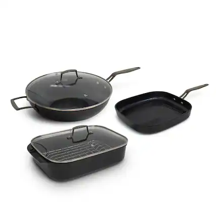 Front. BLU - Blu. Cookware Kitchen Sidekick Set, Wok, Grill Pan, Roasting Pan - Black.