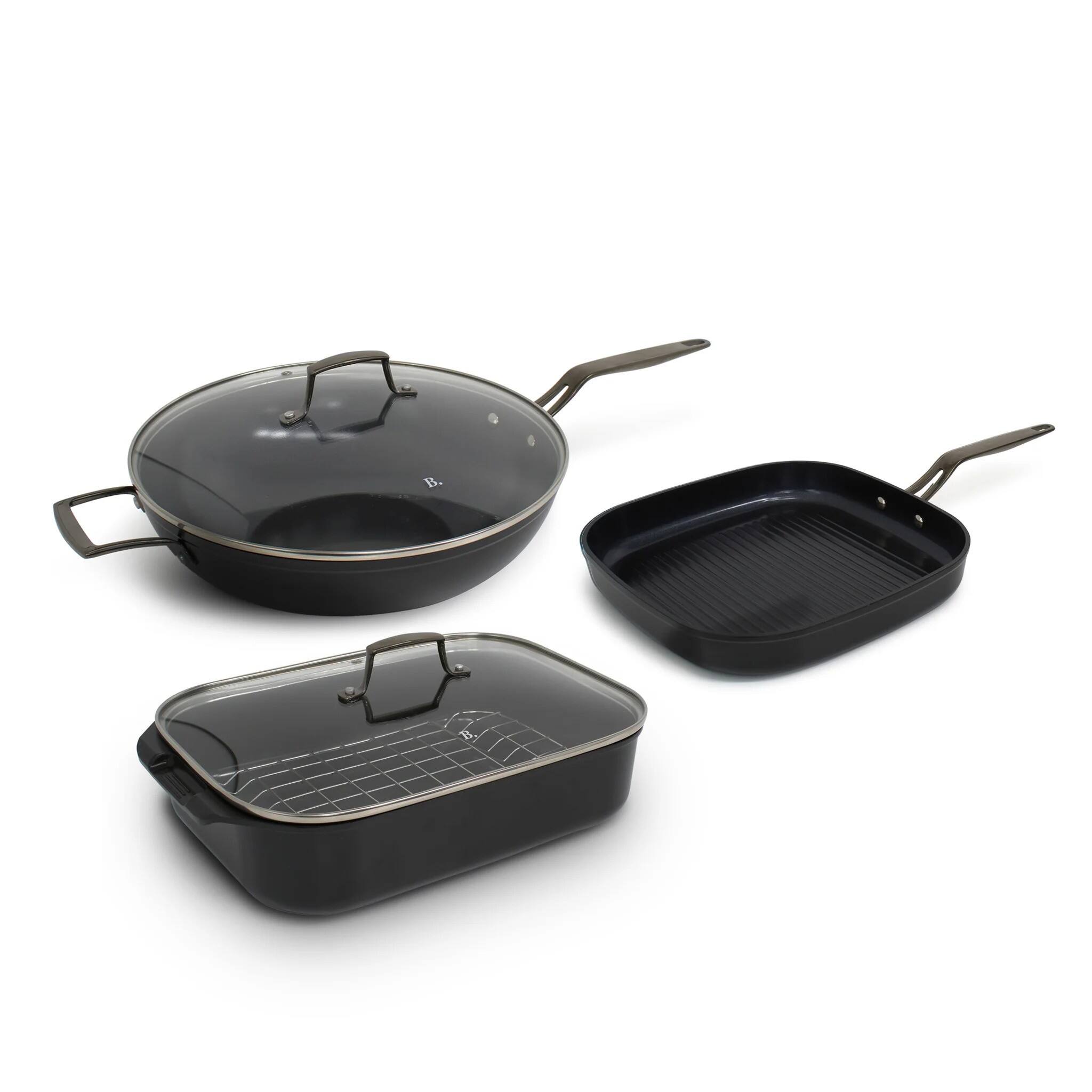 Front. BLU - Blu. Cookware Kitchen Sidekick Set, Wok, Grill Pan, Roasting Pan - Black.