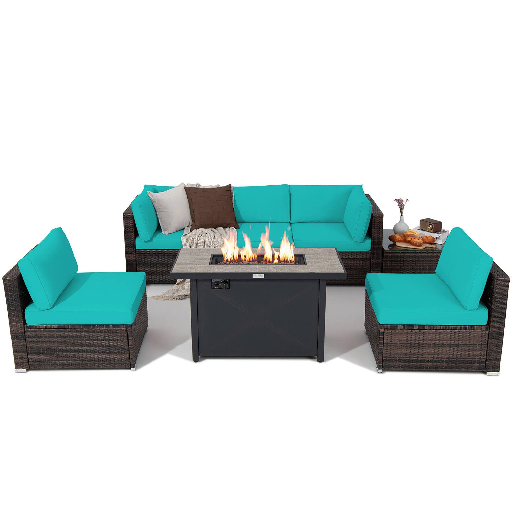 Alt View 1. Gymax - Gymax 7PCS Patio Rattan Furniture Set Fire Pit Table Cover Cushion Turquoise - Turquoise.