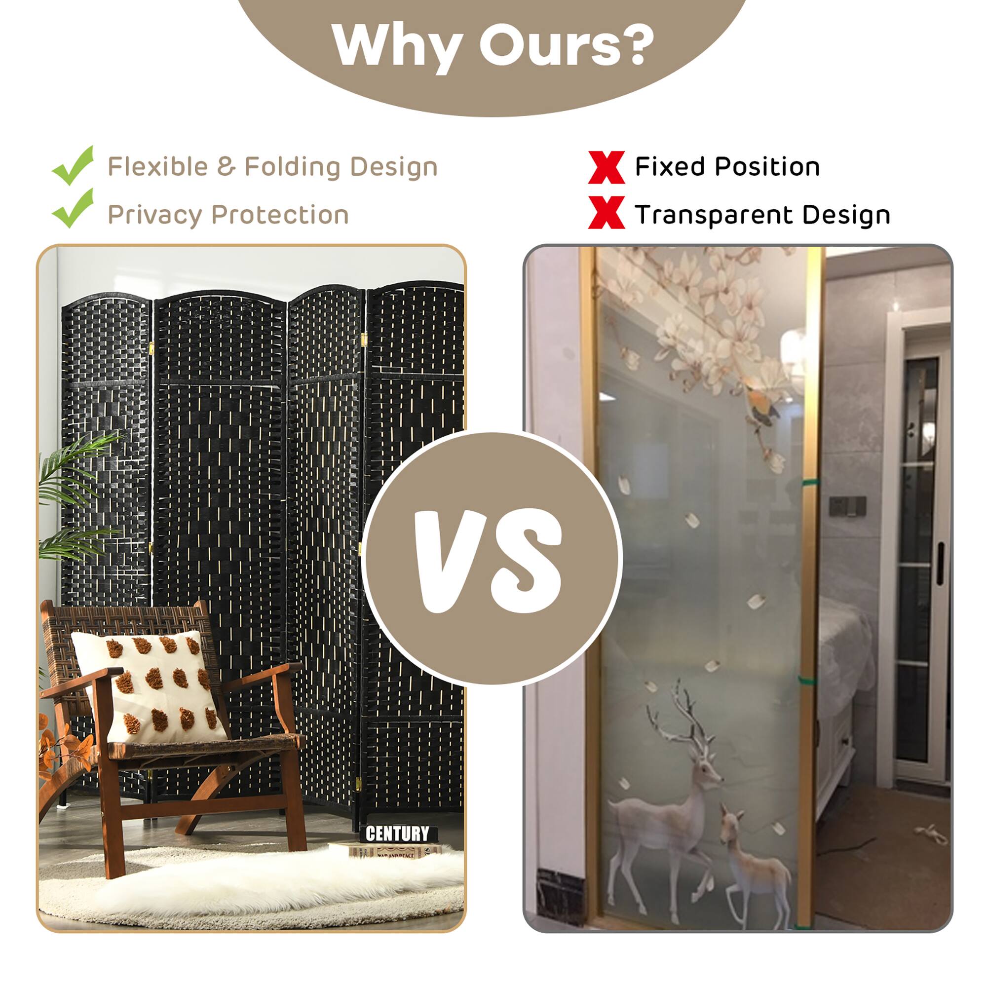 Why Ours?

Flexible & Folding Design
Privacy Protection

VS

Fixed Position
Transparent Design

CENTURY