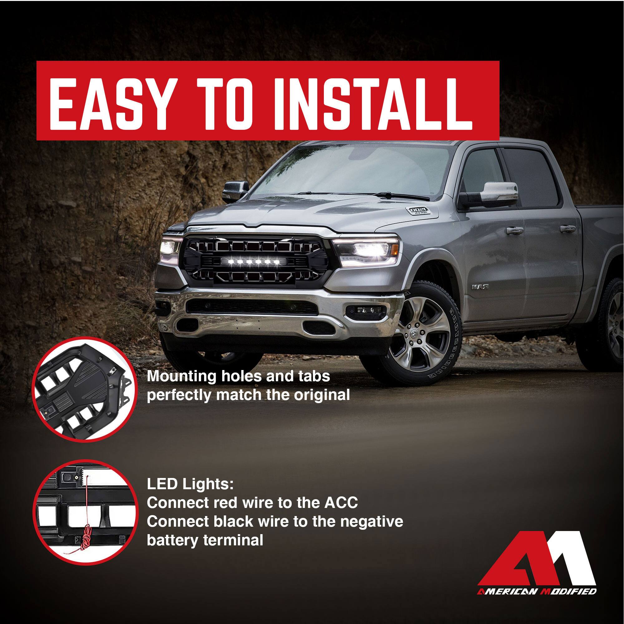 EASY TO INSTALL

Mounting holes and tabs perfectly match the original

LED Lights:
Connect red wire to the ACC
Connect black wire to the negative battery terminal

AMERICAN MODIFIED