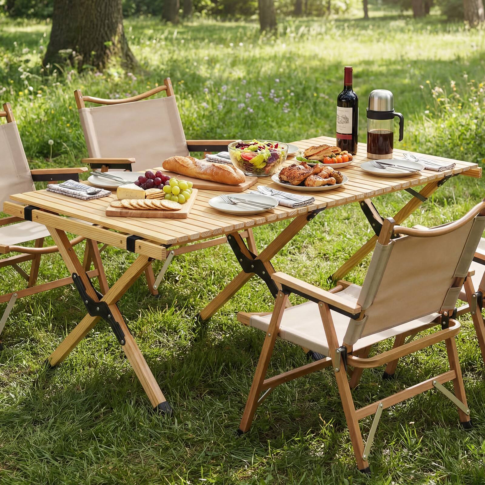 Alt View 1. Costway - Costway Folding Camping Table, Portable Roll-Up Pine Wood Picnic Table with Carry Bag - Natural.