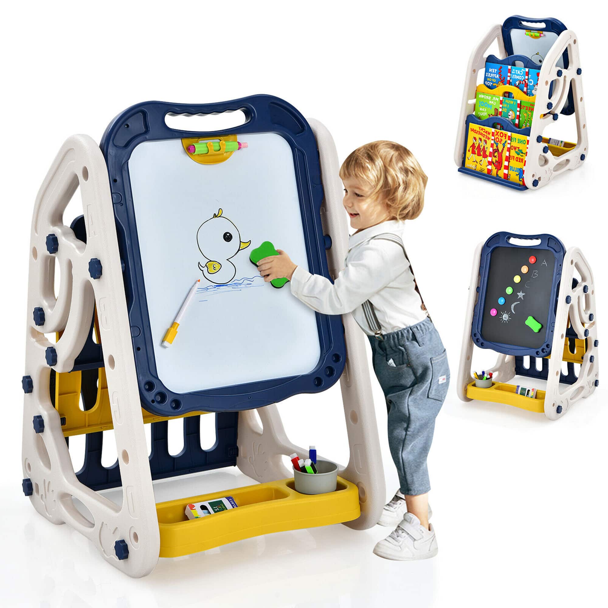 Gymax - 3-in-1 Kids Art Easel Double-Sided Tabletop Easel w/Art Accessories - Blue