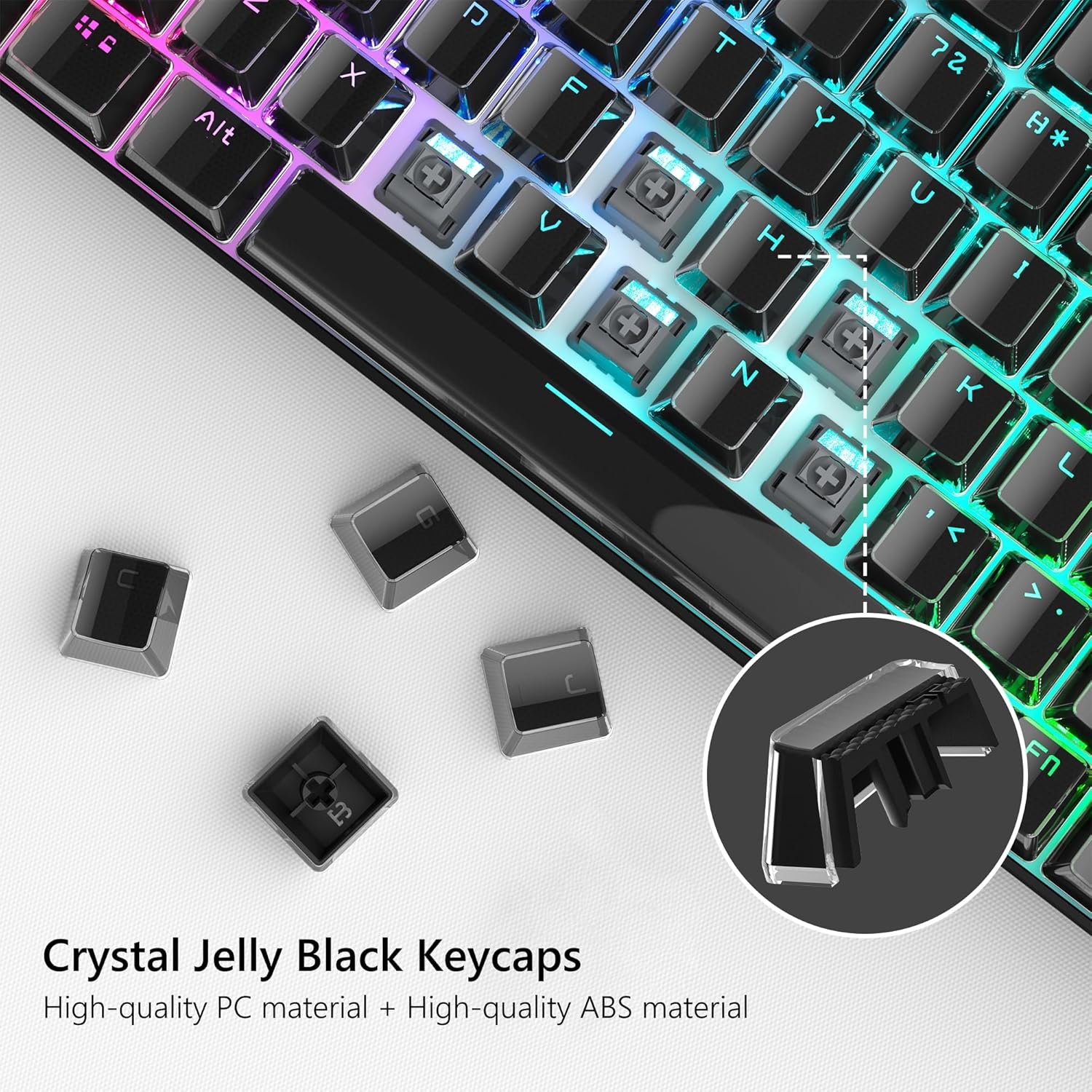 Alt X D M + F + V + J T 7 2 Y U H A NNS N EM K + 1 V * H * I L > T FN Crystal Jelly Black Keycaps High-quality PC material + High-quality ABS material
