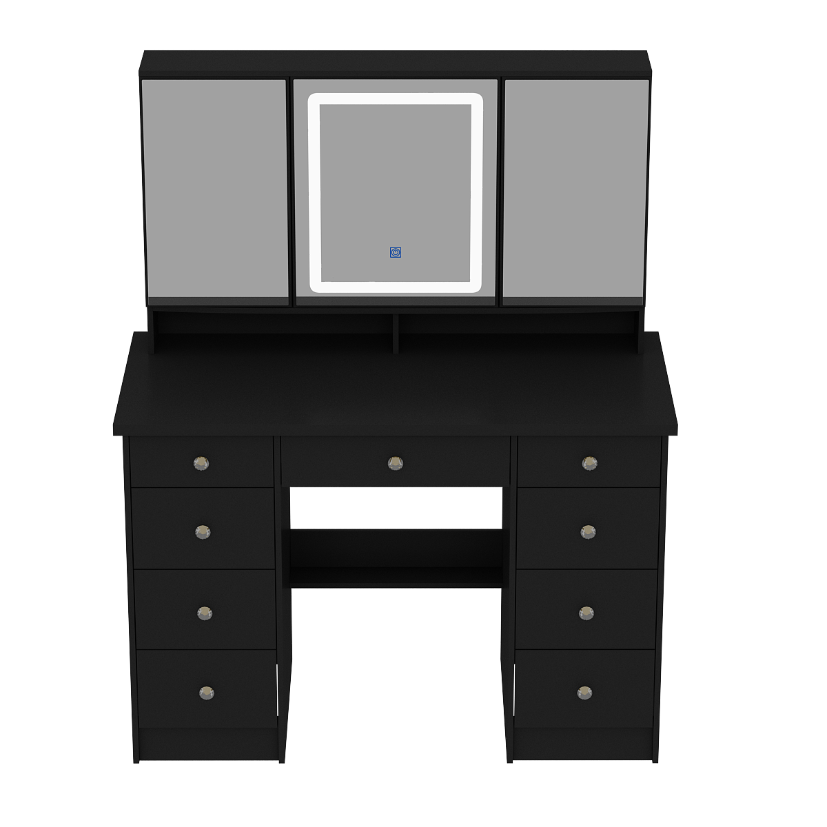 Left. Famapy - LED Vanity SetSilent Glide Drawers 3-Color Dimmable Mirror Jewelry Organizer & Tri-Fold Glass Modern Dressing Table - Black.