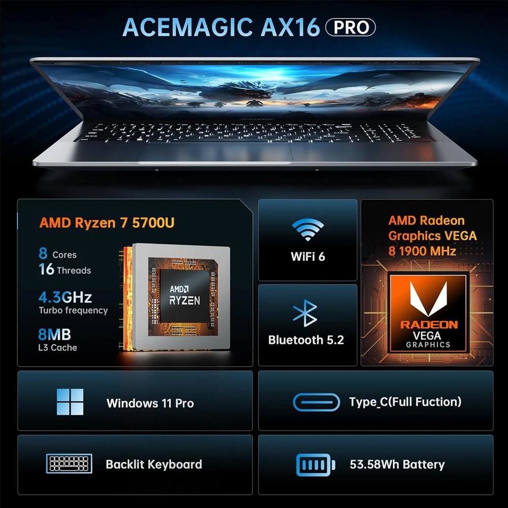 ACEMAGIC AX16 PRO

- AMD Ryzen 7 5700U
  - 8 Cores
  - 16 Threads
  - 4.3GHz Turbo frequency
  - 8MB L3 Cache

- AMD Radeon Graphics VEGA 8
  - 1900 MHz

- WiFi 6
- Bluetooth 5.2
- Windows 11 Pro
- Backlit Keyboard
- Type_C (Full Function)
- 53.58Wh Battery