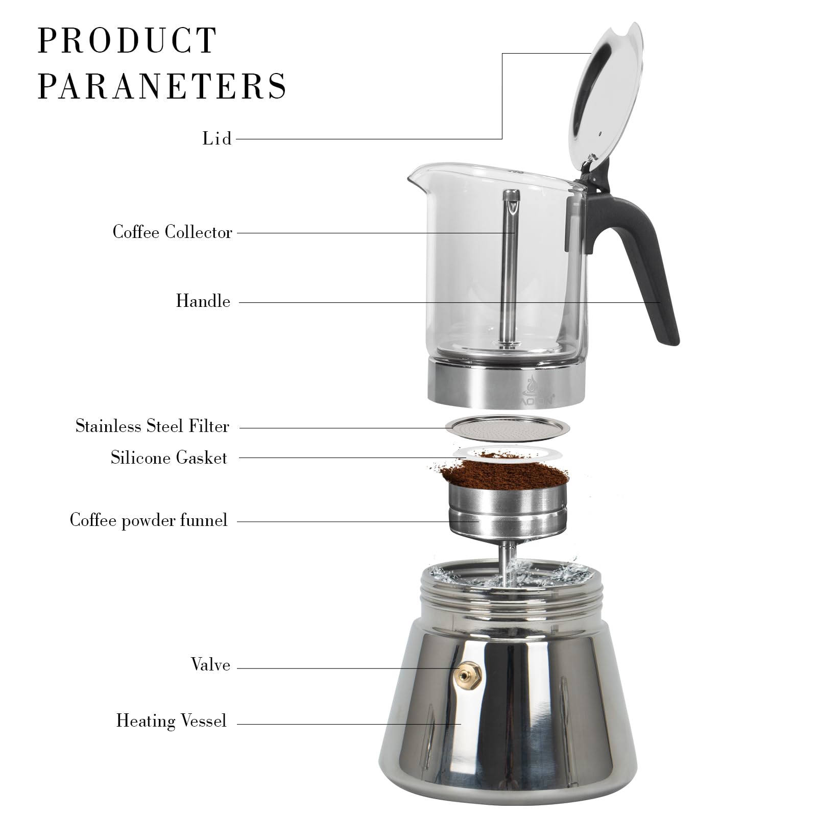 PRODUCT PARAMETERS

- Lid
- Coffee Collector
- Handle
- Stainless Steel Filter
- Silicone Gasket
- Coffee powder funnel
- Valve
- Heating Vessel