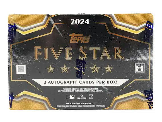 2024 Topps Five Star Hobby Only Product
2 Autograph Cards Per Box!
"May contain redemption cards with expiration dates. (No purchase necessary. Visit topps.com/NPN for details and entry.)"
Players Quat Officially Licensed Product
Major League Baseball Officially Licensed Product
NLI Players, MLB Players, Inc.