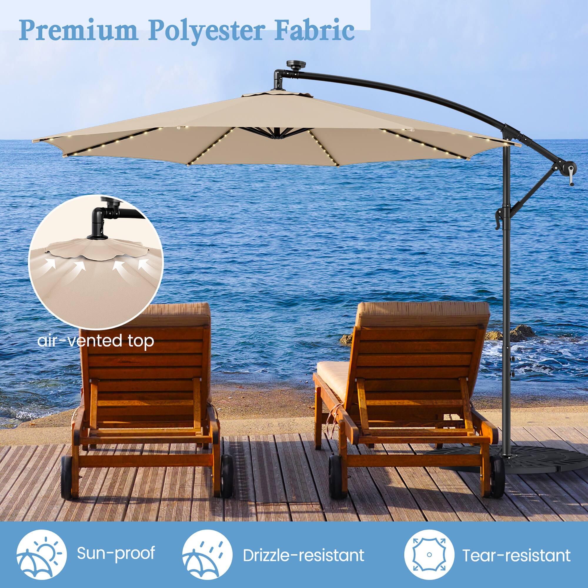 Premium Polyester Fabric, air vented top, Sun-proof, Drizzle-resistant, Tear-resistant