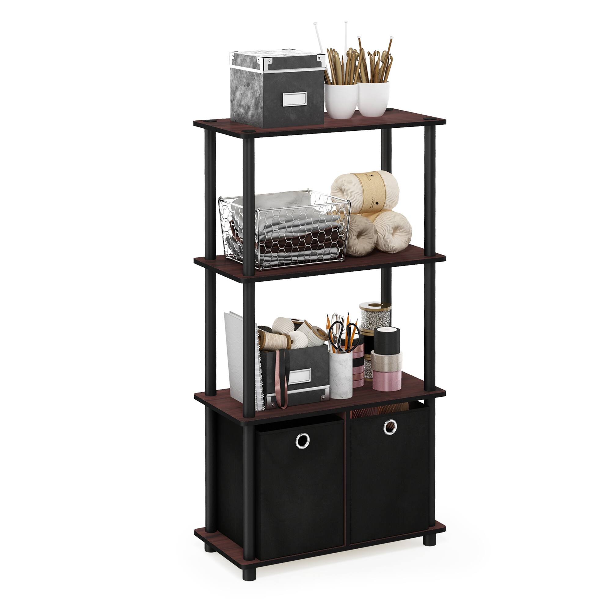 Alt View 3. Furinno - Go Green 4-Tier Multipurpose Storage Rack Shelving Unit w/Bins, Dark Cherry/Black - Dark Cherry/Black.