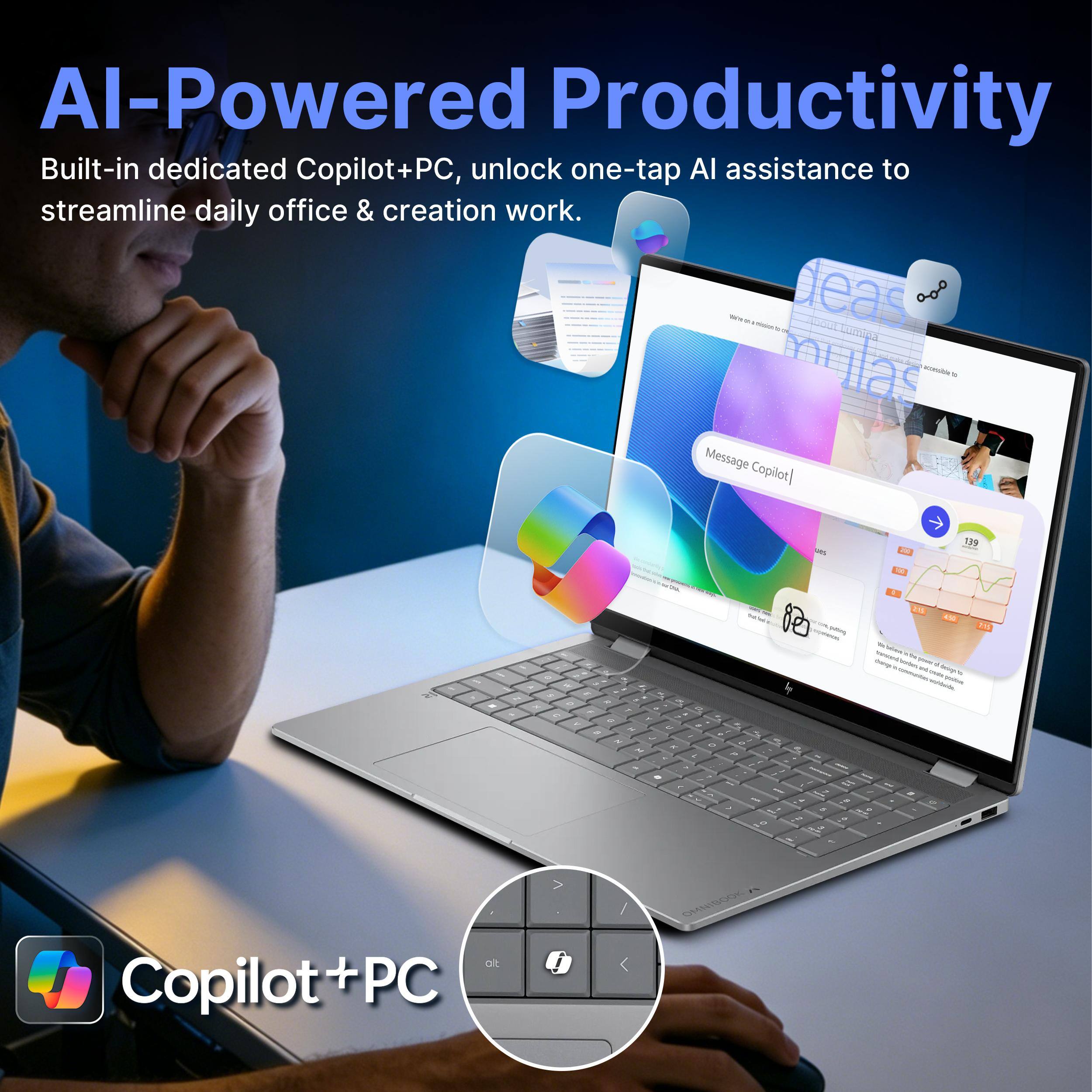 AI-Powered Productivity  
Built-in dedicated Copilot+PC, unlock one-tap AI assistance to streamline daily office & creation work.  

We's PM - 50%  
acceste  
Message Copilot/  
DES  
200  
139  
is  
- / at -  
a , 3 : M. , o - F , . N N & -  
, a L  
D  
F  
100 puting - a  
215 ACID W Goody - 4 Serving 15.  
- - - L to -  
M S S  
a .  
-  
Copilot +PC  
alt  
!  
OMNIBOOK