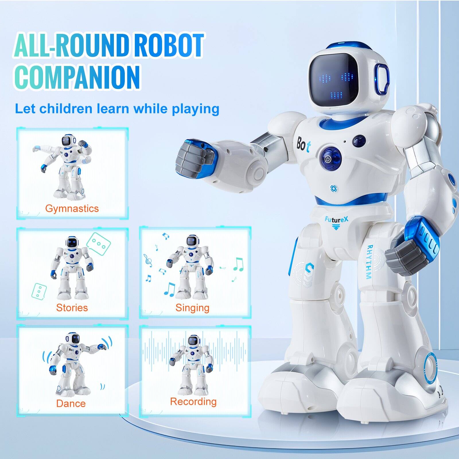 ALL-ROUND ROBOT COMPANION  
Let children learn while playing  

Gymnastics  
Stories  
Singing  
Dance  
Recording  

FutureX RHYTHM