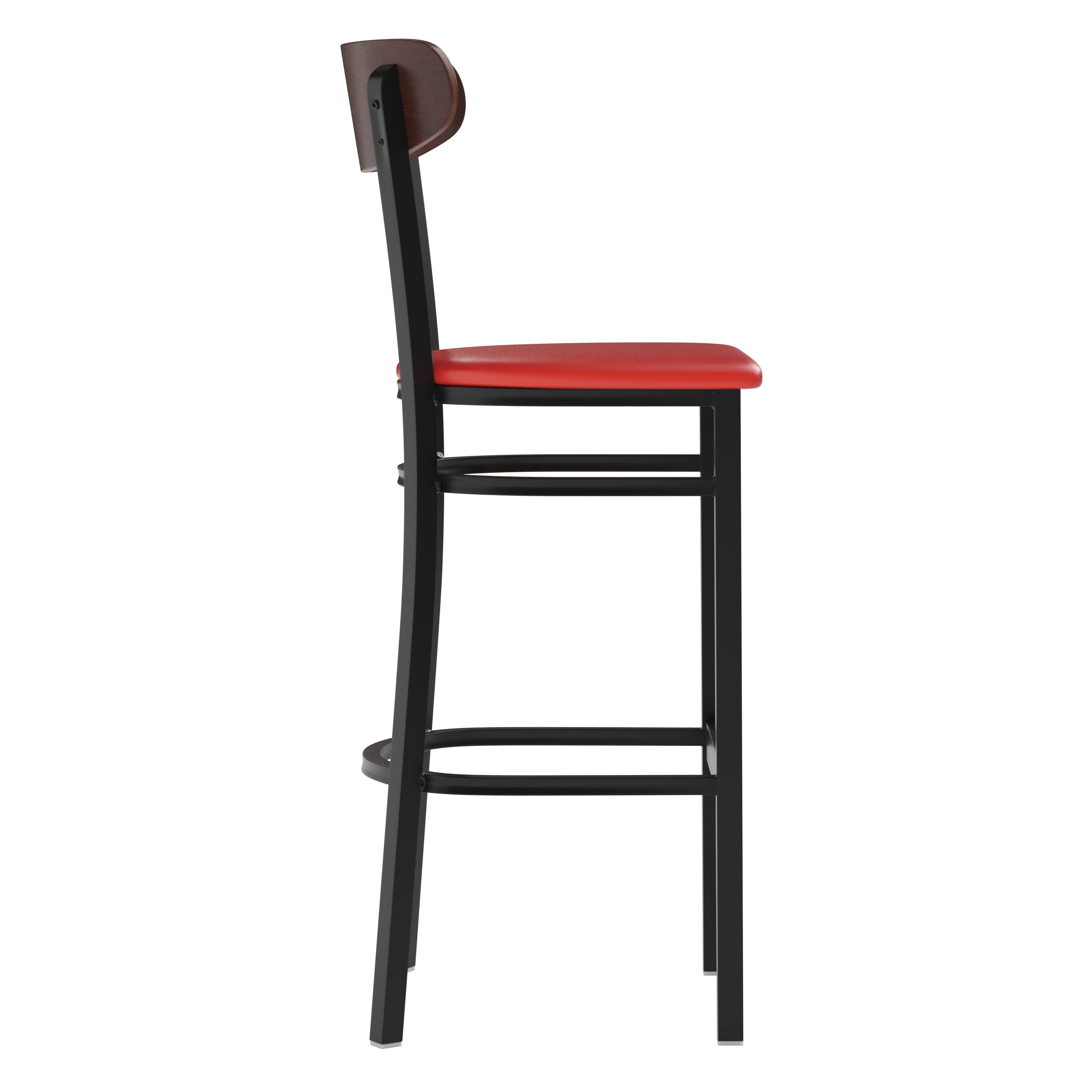 Alt View 17. Alamont Home - Wright Commercial Metal Barstool with Vinyl Seat and Wood Boomerang Back-Red/Walnut - Walnut Wood Back/Red Vinyl Seat.