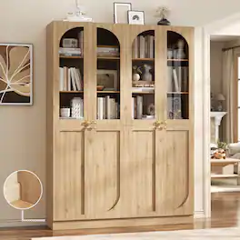 Aheaplus - 80'' Tall Bookcase with Glass Doors, 6-Tier Farmhouse Bookcase with Adjustable Shelves, 2 Piece Set - Nature