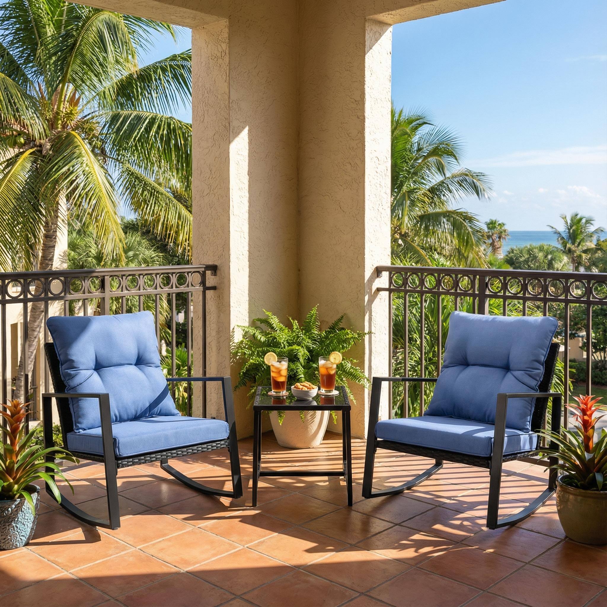 Angle. Mondawe - 3 Pieces Patio Bistro Set Outdoor Rocking Chair with Cushion - Blue.