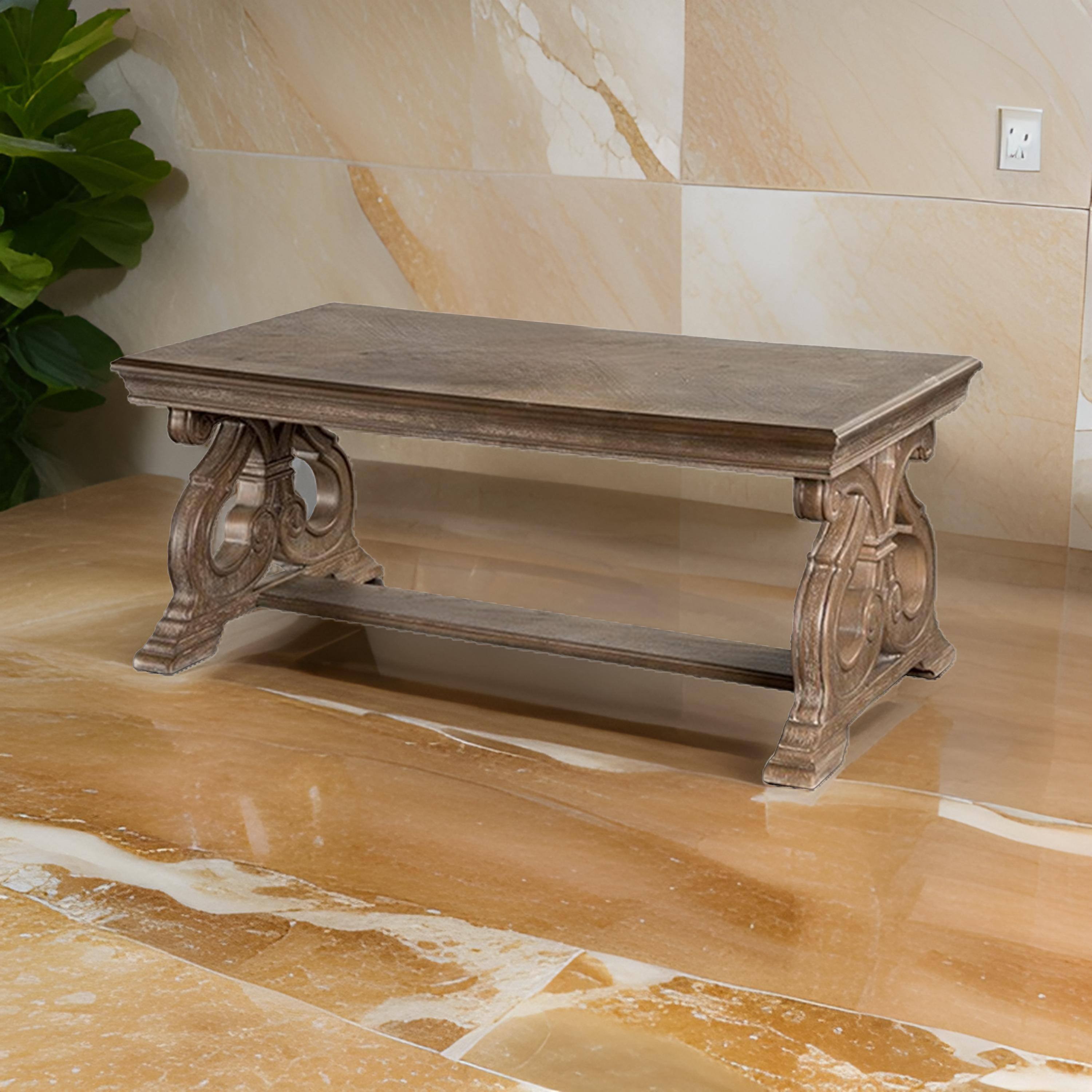 Alt View 5. Manhattan Lane - Gia Coffee Table, 52 Inch Rectangular Top, Carved Details, Brown Solid Wood - Brown.