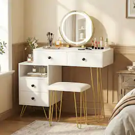 Pefilos - Modern Dressing Table with Storage Cabinet, LED Mirror with 3 Color Modes, Comfortable Stool Included, Off - White