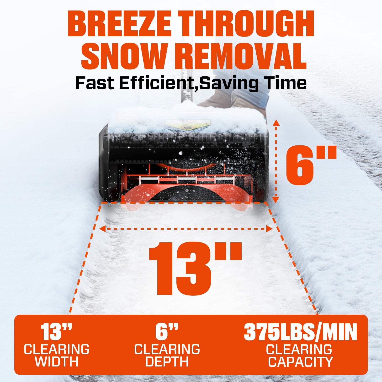 BREEZE THROUGH SNOW REMOVAL  
Fast Efficient, Saving Time  

13" CLEARING WIDTH  
6" CLEARING DEPTH  
375LBS/MIN CLEARING CAPACITY