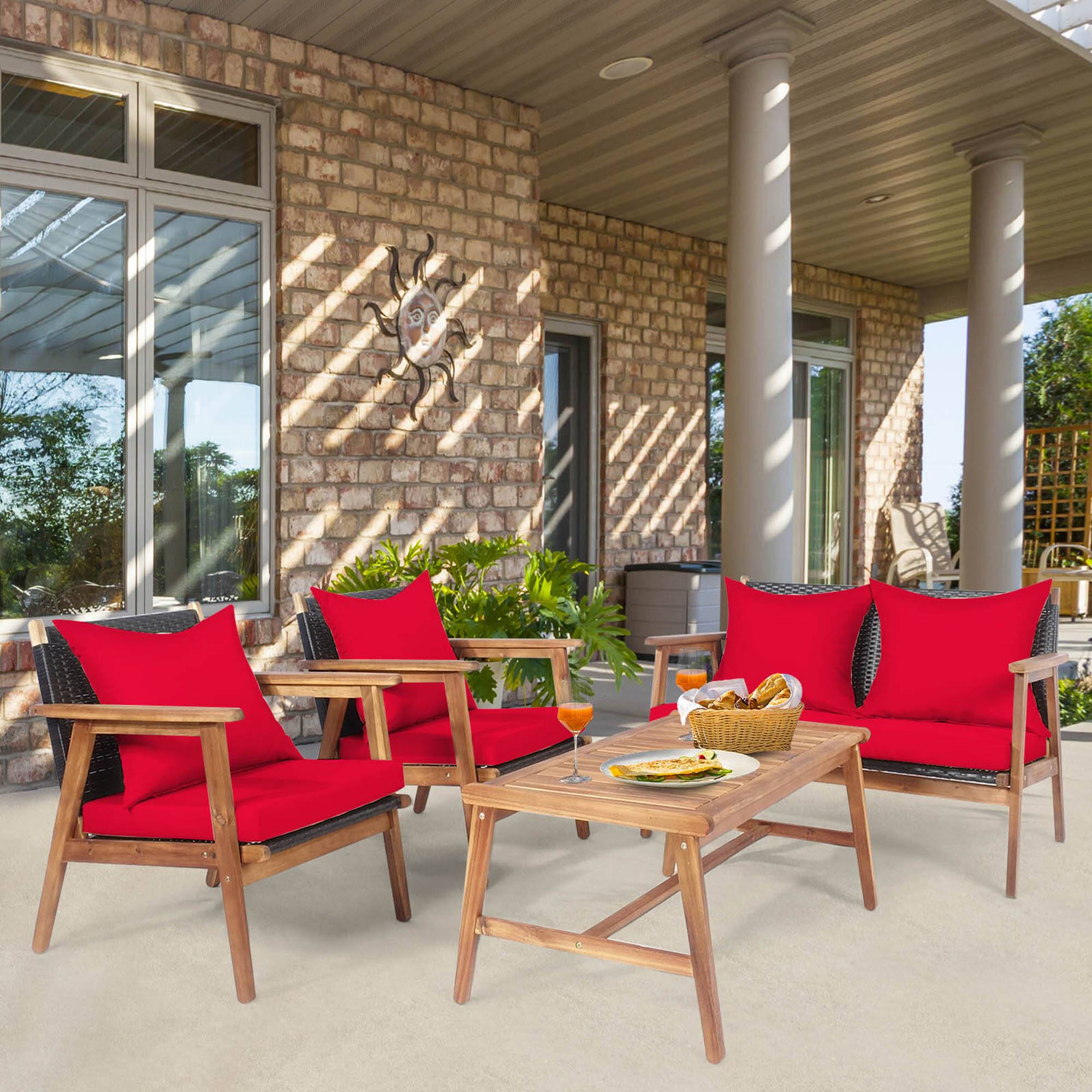 Alt View 4. Gymax - Gymax 8PCS Patio Conversation Set Wood Frame Furniture Set w/ Red Cushions - Red.