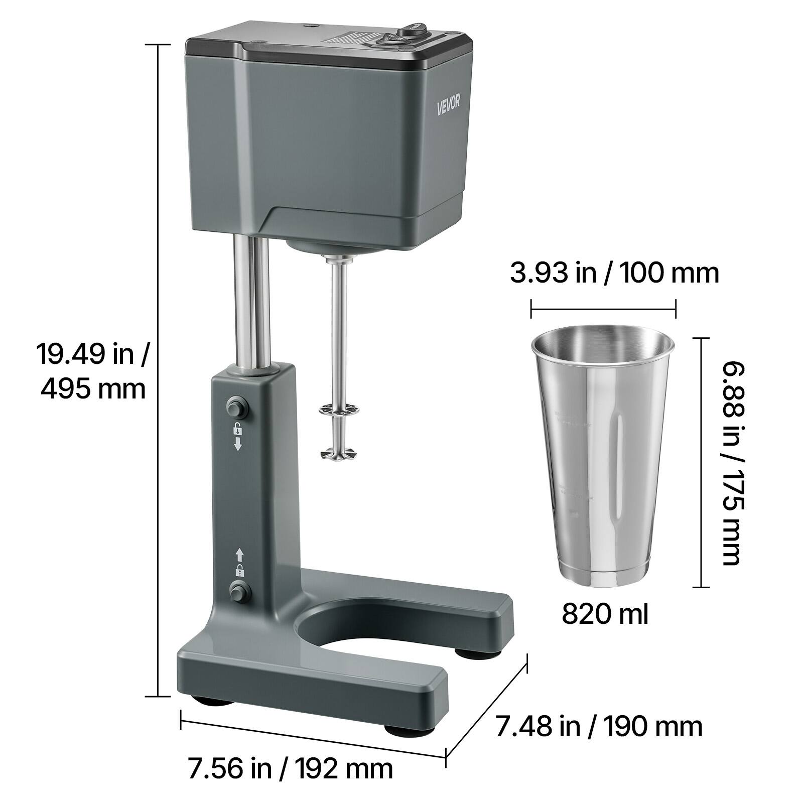VEVOR 19.49 in / 495 mm  
G 3.93 in / 100 mm  
6.88 in / 175 mm  
820 ml  
7.56 in / 192 mm  
7.48 in / 190 mm