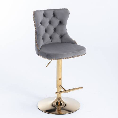 Angle. LUCKY ONE - Assembled Adjustable Height Swivel Bar Stool Set of 2 Velvet Tufted with Golden Metal Base - Gray.