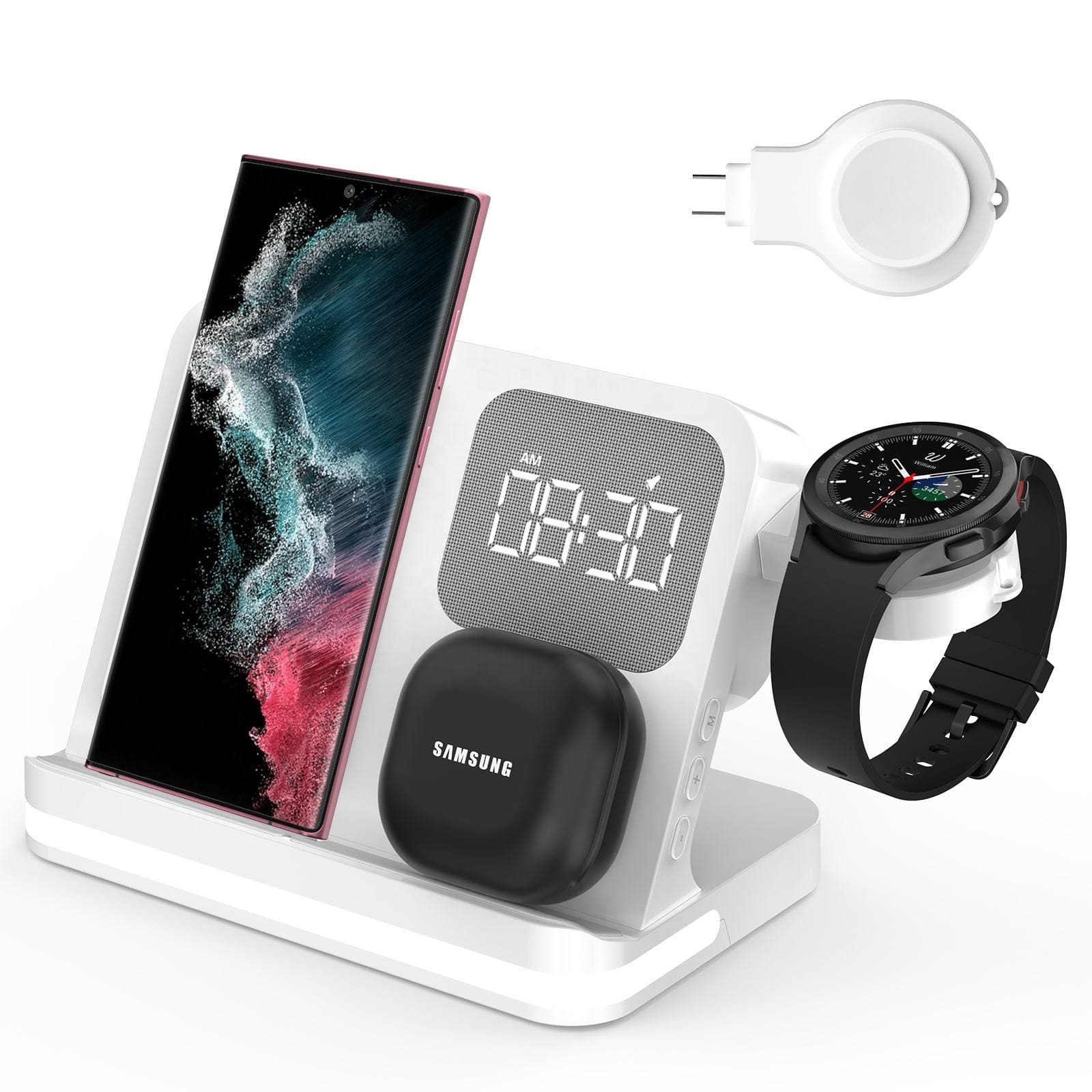 PRIMEPLUS - 3-in-1 Wireless Charging Station with Alarm Clock Night Light, 15W Fast Charging for Qi Phones Earbuds Magnetic Watches