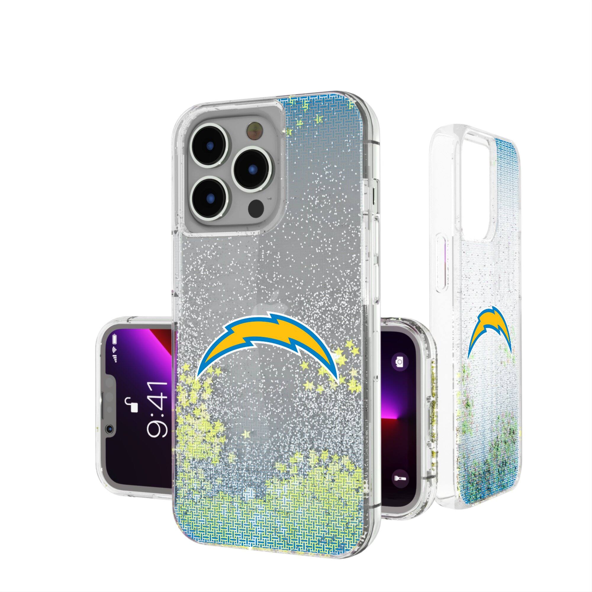 Front. Keyscaper - Los Angeles Chargers Linen Logo iPhone Glitter Case - 13 - Multicolor.