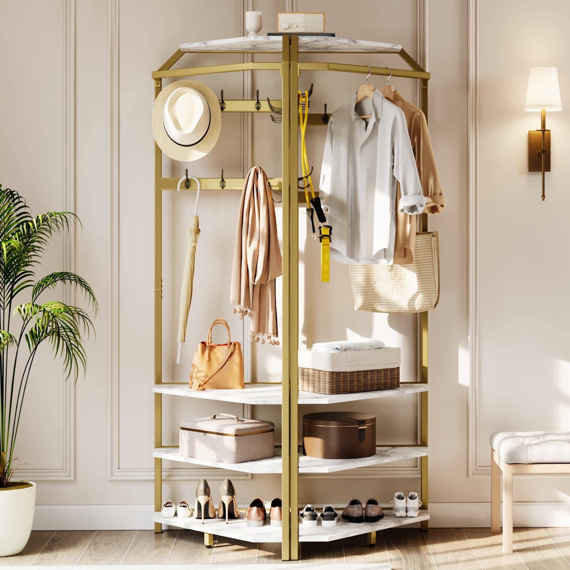 Left. Babevy - Corner Hall Tree with Shoe Bench, 6 Double Hooks & Storage Shelves, Space-Saving 3-in-1 Coat Rack - Gold.