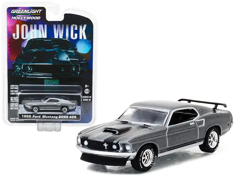 Greenlight - 1969 Ford Mustang Boss 429 Stripes "John Wick" (2014) Movie "Hollywood Series" Release 18 1/64 - Gray Metallic with Black