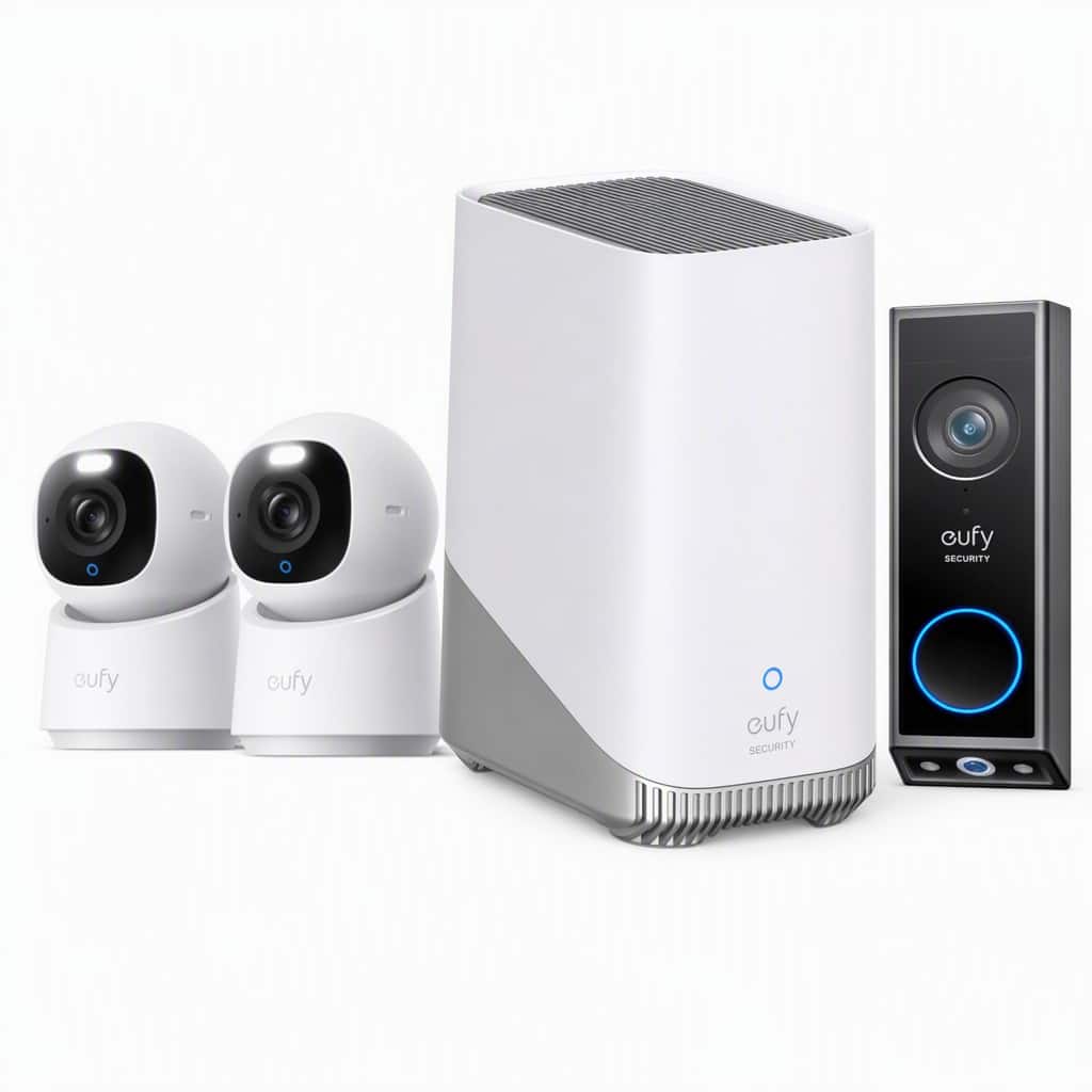 Video Doorbell E340 & Indoor Cam E40 2-Pack & eufy Homebase S380, No Monthly Fee for Home Security - black+white