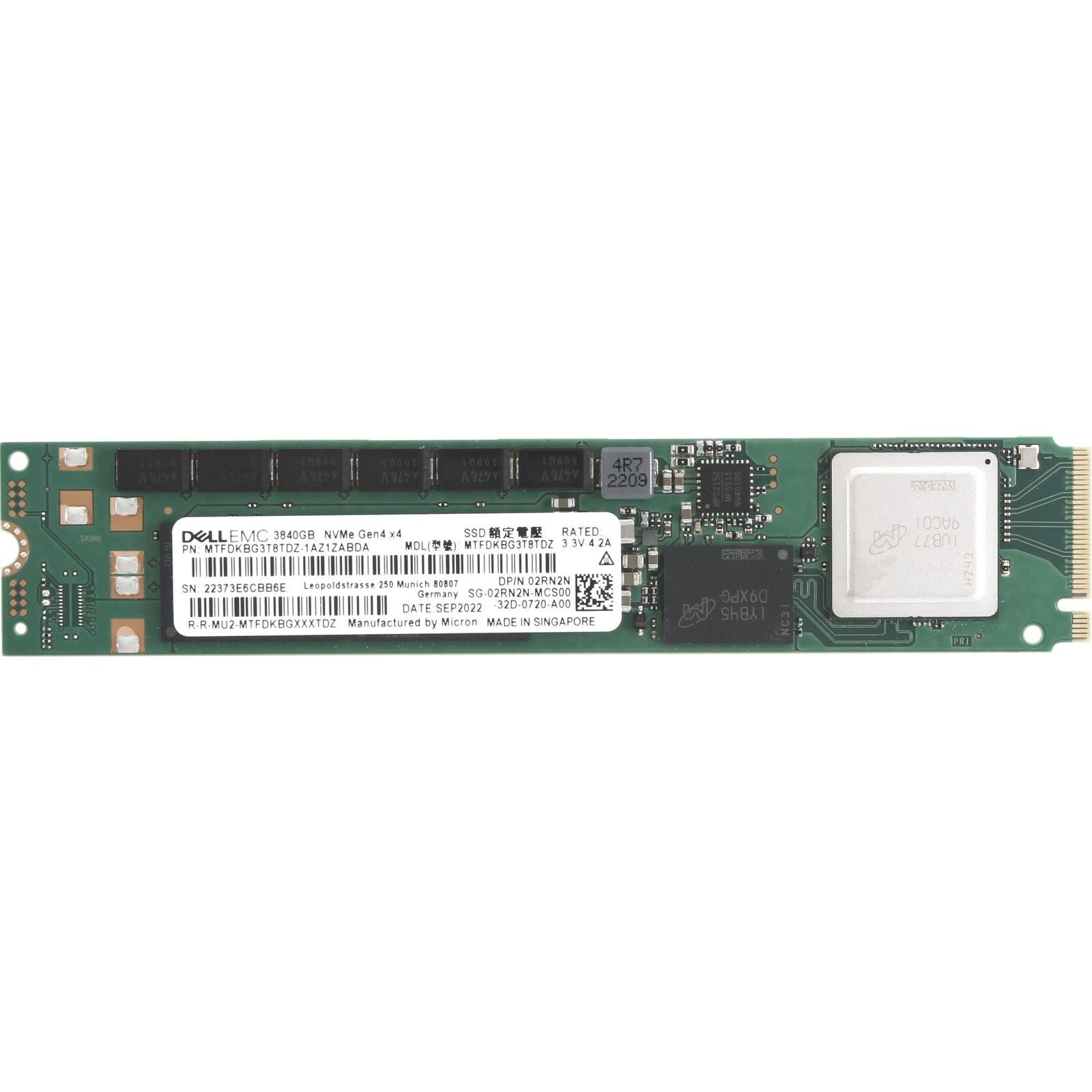 DELL EMC 3840GB NVMe Gen4 x4  
SSD  
PN: MTFDKBG318102  
RATED 2.2A 3.3V  
SN: 2237386CBB6E  
DATE: SEP2022  
320-0720-A00  
RR-MU2-MTFDKBGXXXTD2  
Manufactured by Micron  
MADE IN SINGAPORE  

4R7 2209  
MTFDKBG3TBTDZ-1AZ1ZABDA  
Leopoldstrasse 255, Munich 80997, Germany  
SG-02RN2N-MC  
MCS00  
RR-MU2-MTFDKBGXXXTD2  

MTFDKB318102ZAZ12BUA  
SN: 2237386CBB6E  
DATE: SEP2022  
320-0720-A00  
RR-MU2-MTFDKBGXXXTD2  
Manufactured by Micron  
MADE IN SINGAPO