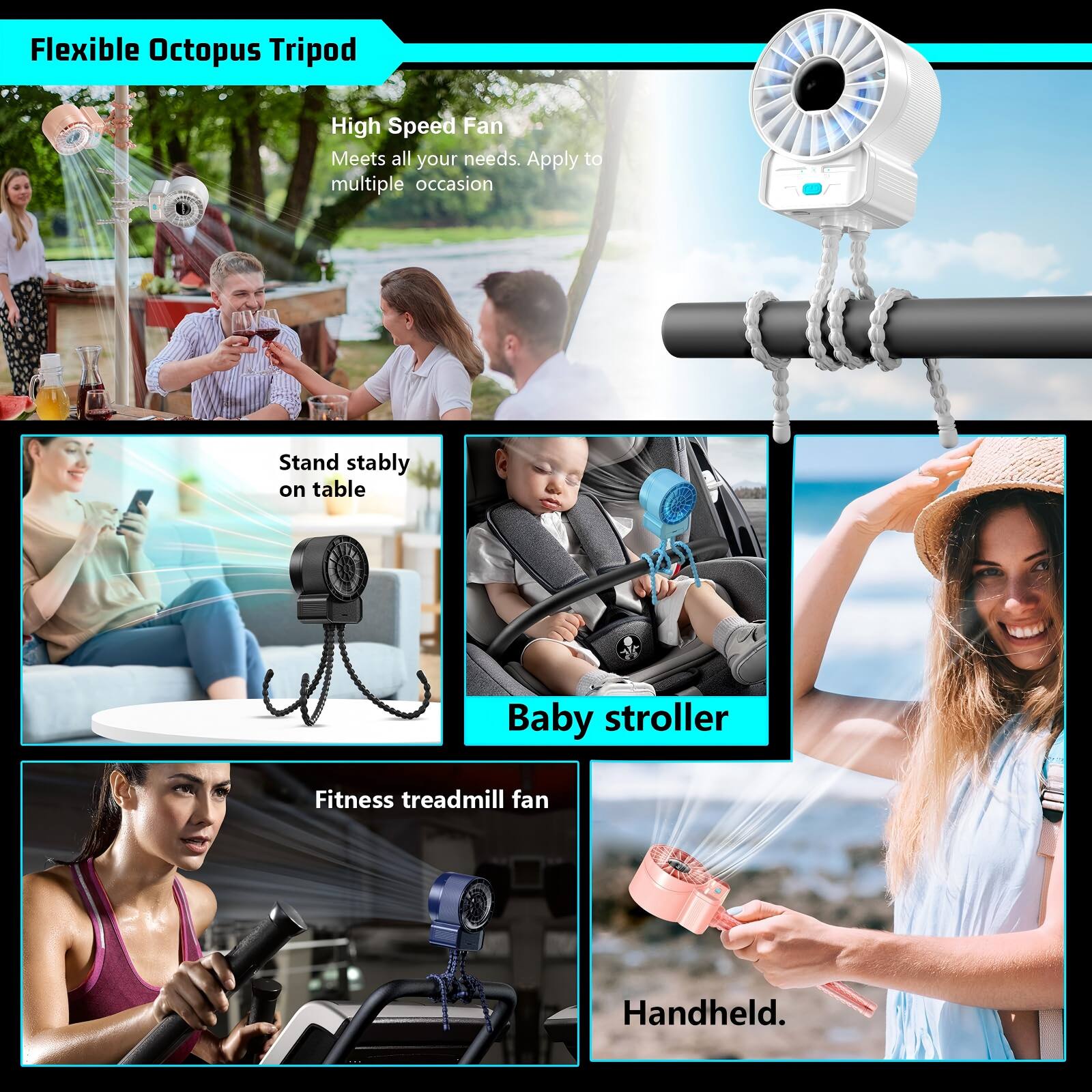Flexible Octopus Tripod High Speed Fan Meets all your needs. Apply to multiple occasions. Stand stably on table Baby stroller Fitness treadmill fan Handheld.