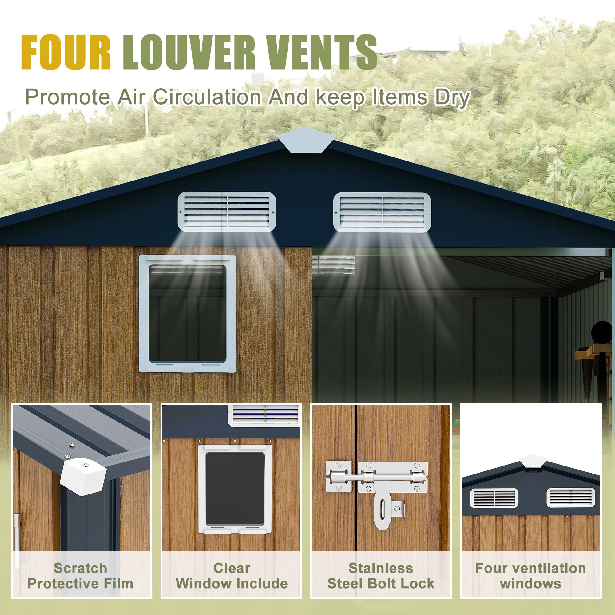 FOUR LOUVER VENTS  
Promote Air Circulation And keep Items Dry  

- Scratch Protective Film  
- Clear Window Include  
- Stainless Steel Bolt Lock  
- Four ventilation windows