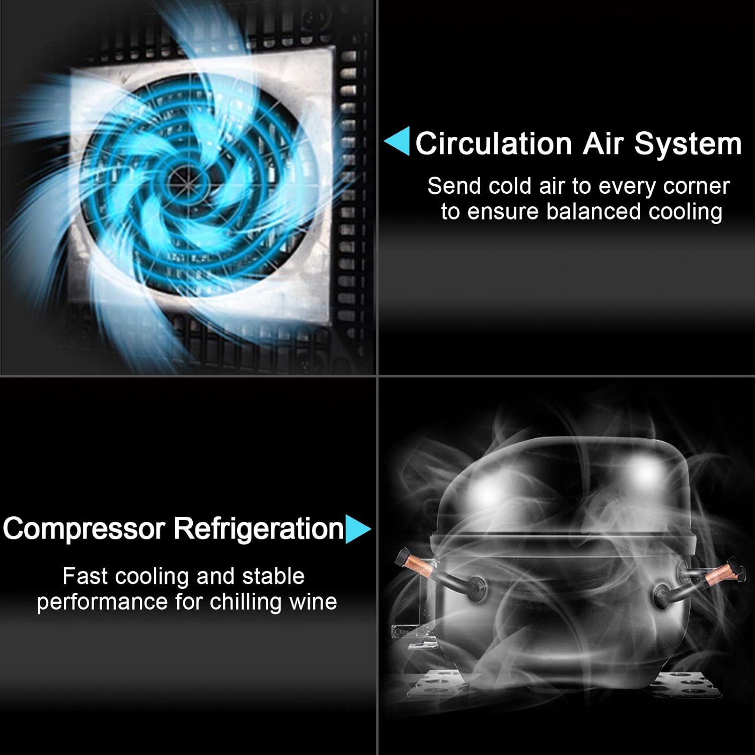 Circulation Air System  
Send cold air to every corner to ensure balanced cooling  

Compressor Refrigeration  
Fast cooling and stable performance for chilling wine