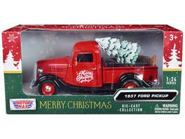 1937 Ford Pickup Truck "Merry Christmas" with Tree Accessory 1/24 Diecast Model Car by Motormax - Red And Black